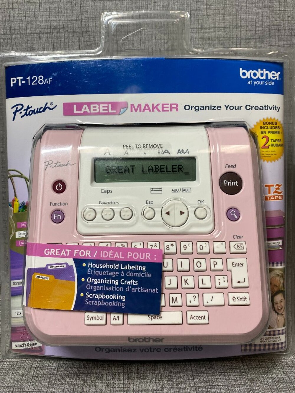 Rare Pink Brother P-Touch PT-128AF Label Maker With 2 Tapes For Home & Craft Use